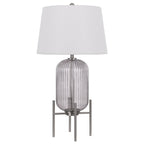 33" Nickel Glass Round Table Lamp With White Empire Shade