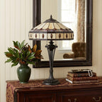 26" Black Metal Two Light Candlestick Table Lamp With Ivory and Red Dome Shade