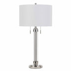 31" Silver Metallic Metal Two Light Cylinder Table Lamp With White Drum Shade