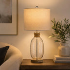 26" Brown Seeded Glass Table Lamp With Drum Shade