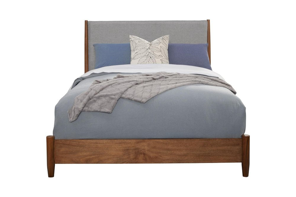 Brown and Gray Solid Wood And Linen King Bed Frame