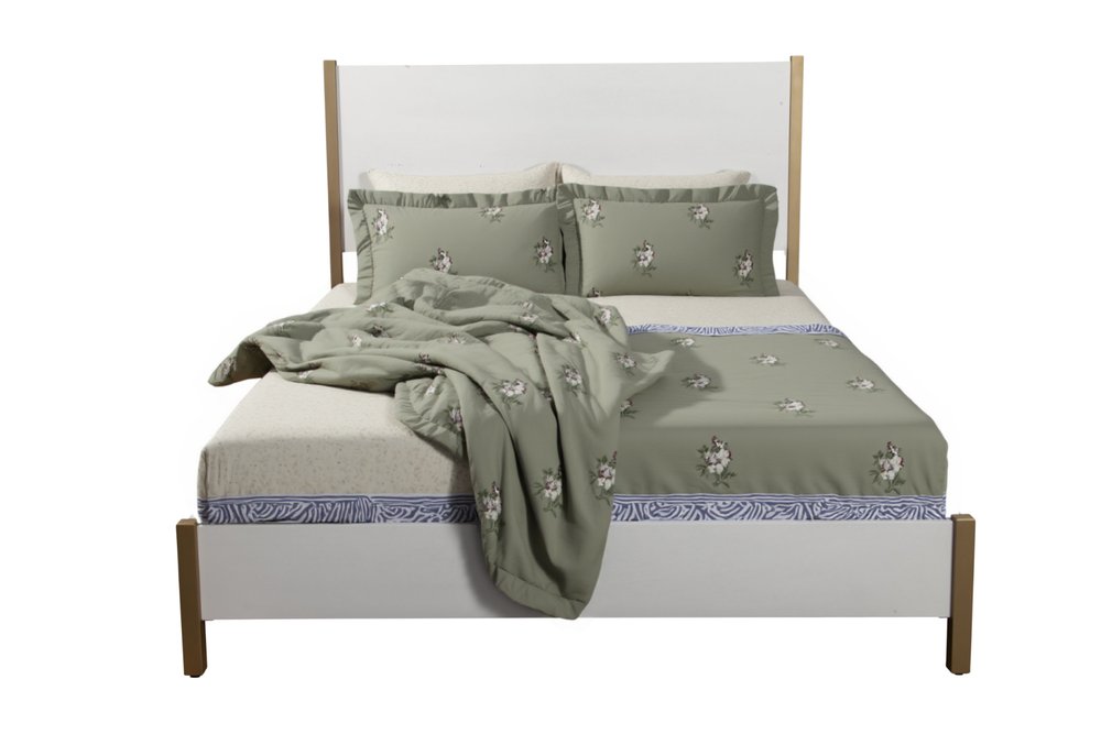 Natural and White Solid Wood And Upholstery Full Bed Frame