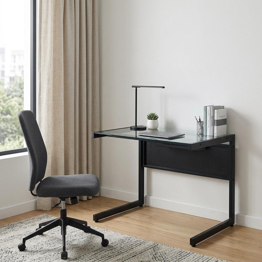 33" Clear and Black Glass and Stainless Steel Writing Desk