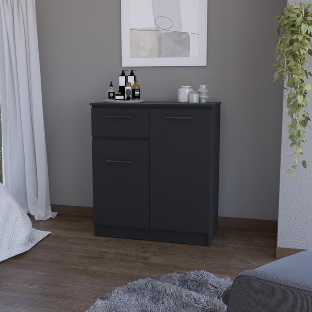 37" Black Wood Accent Cabinet With Two Doors And One Drawer