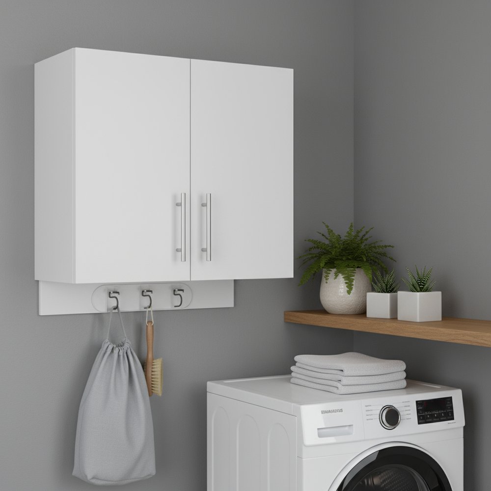 26" White Wood Wall Mounted Utlity Cabinet With Two Doors