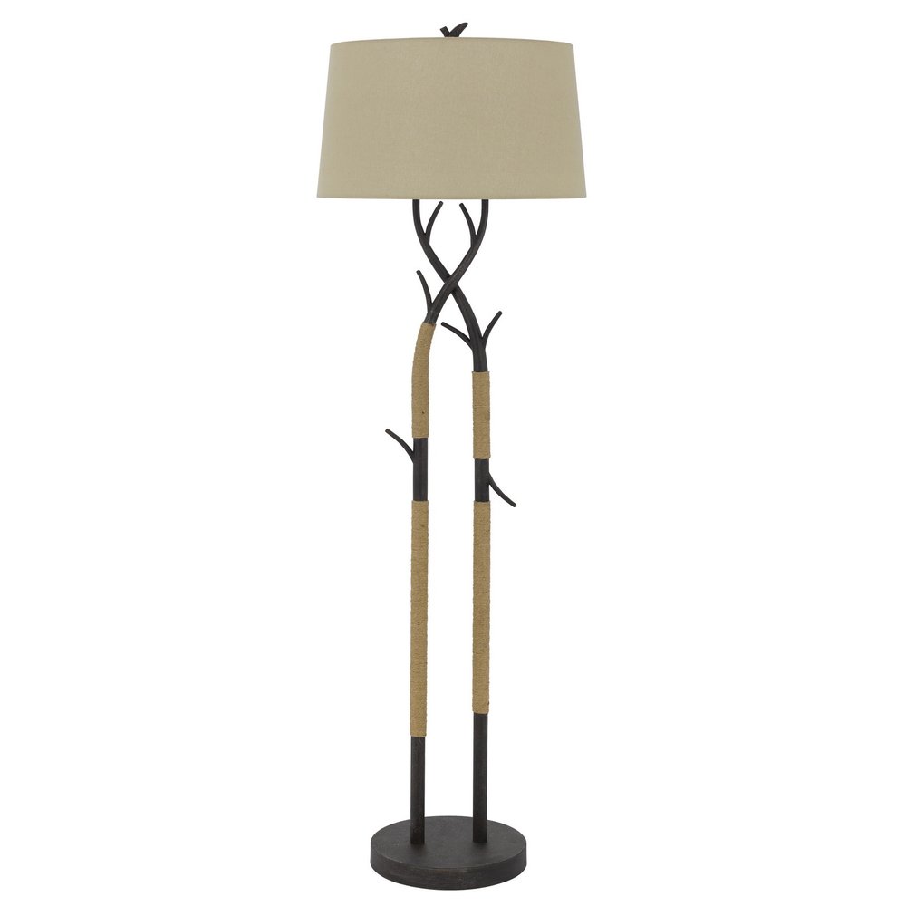 55" Black Metal And Rope Tree Branch Floor Lamp With Tan Fabric Shade