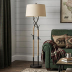 55" Black Metal And Rope Tree Branch Floor Lamp With Tan Fabric Shade