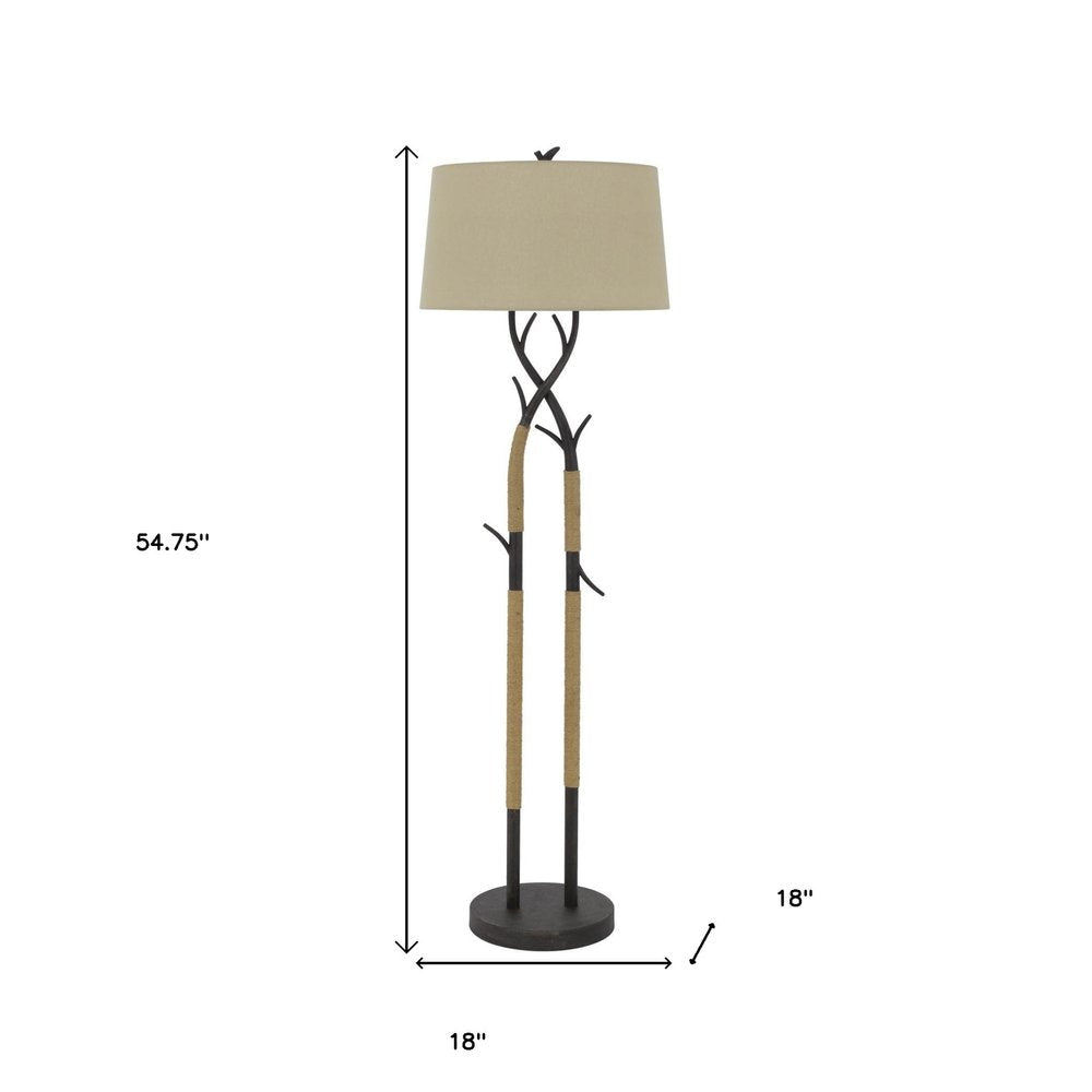 55" Black Metal And Rope Tree Branch Floor Lamp With Tan Fabric Shade