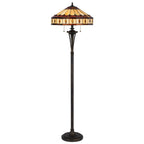 61" Bronze Two Light Traditional Shaped Floor Lamp With Purple and Ivory Abstract Tiffany Glass Empire Shade