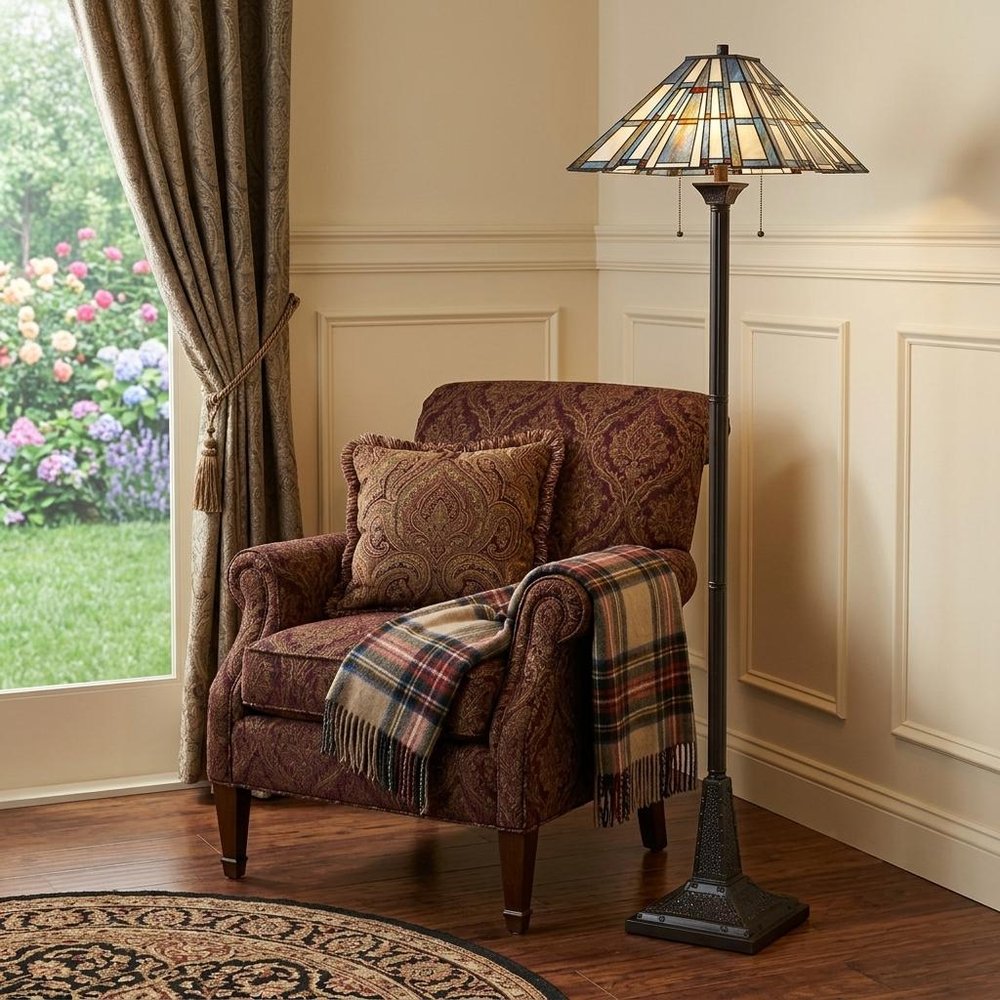 62" Bronze Two Light Traditional Shaped Floor Lamp With Gray and Ivory Abstract Tiffany Glass Empire Shade