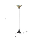 72" Bronze Torchiere Floor Lamp With Gray and Ivory Abstract Tiffany Glass Novelty Shade