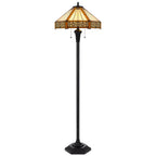 60" Bronze Two Light Traditional Shaped Floor Lamp With Orange and Ivory Abstract Tiffany Glass Empire Shade