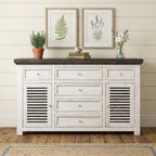 70" Antiqued White Solid and Manufactured Wood Distressed Buffet Table