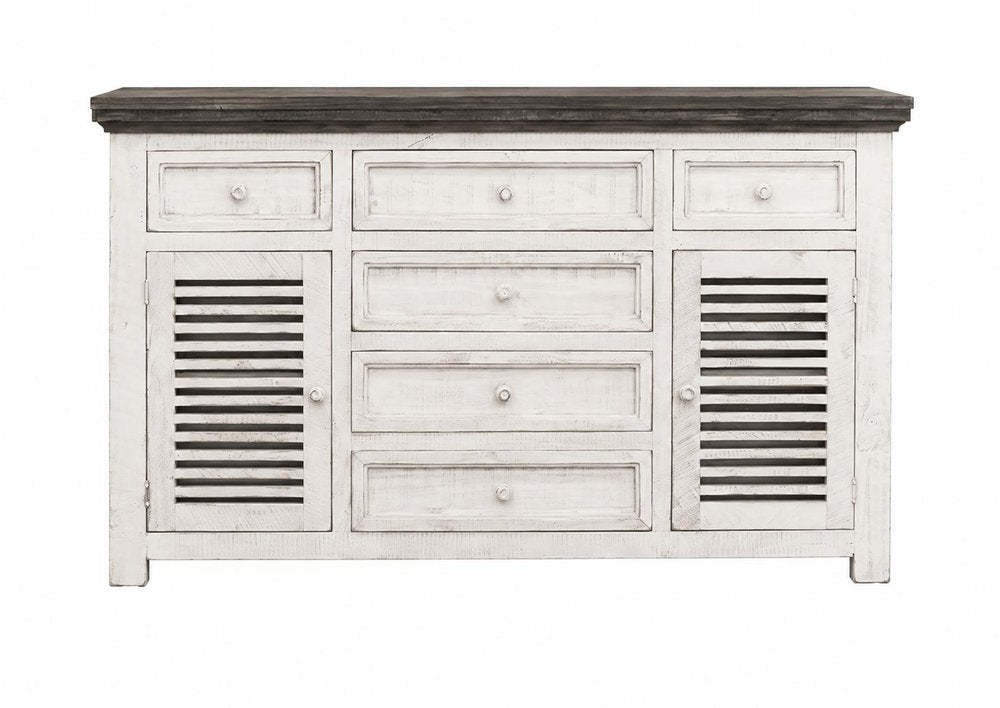 70" Antiqued White Solid and Manufactured Wood Distressed Buffet Table