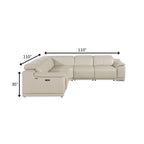 Beige Italian Leather Power Reclining U Shaped Five Piece Corner Sectional With Console