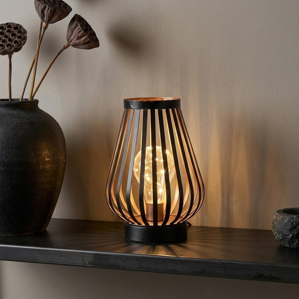 9" Black Metal Lantern Bedside Lamp LED With Black Novelty Shade