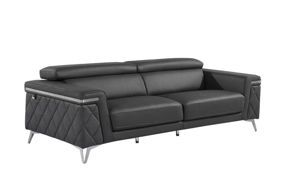 89" Black Italian Leather Sofa With Silver Legs