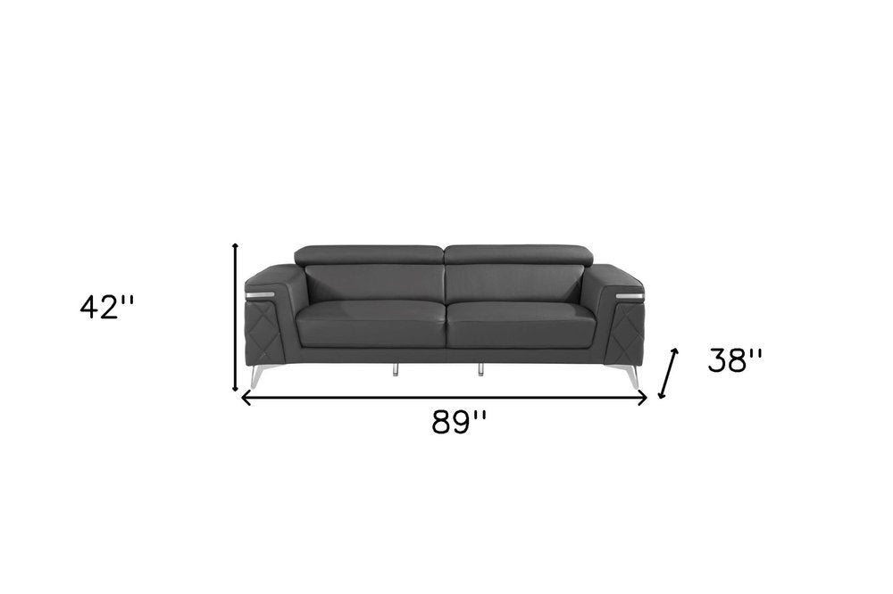 89" Black Italian Leather Sofa With Silver Legs
