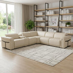 Beige Italian Leather Modular L Shaped Six Piece Corner Sectional With Console
