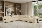 Beige Italian Leather Modular L Shaped Eight Piece Corner Sectional With Console