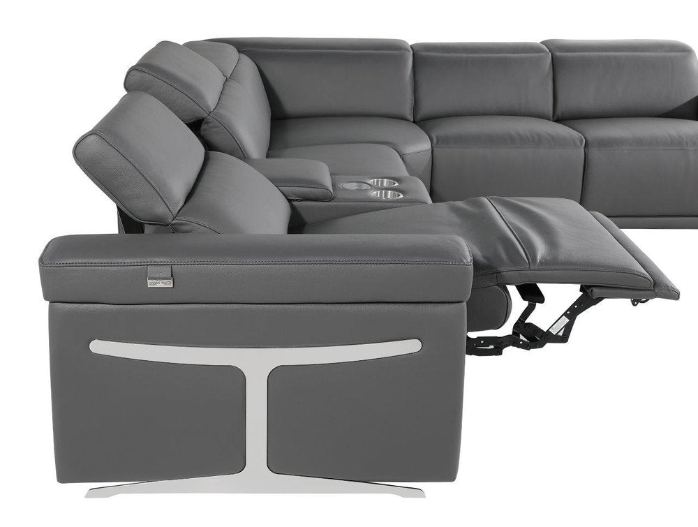 Gray Italian Leather Modular L Shaped Six Piece Corner Sectional With Console