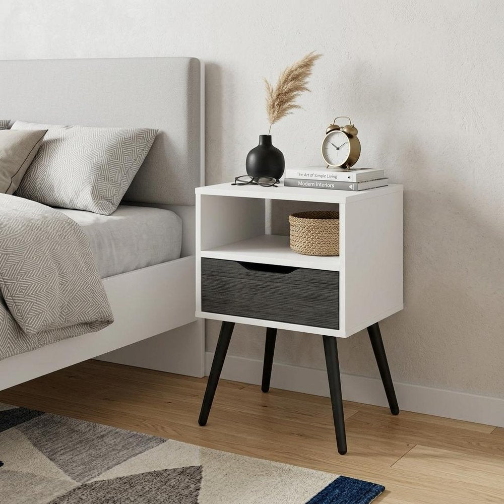 25" Gray And White Wood One Drawer Nightstand