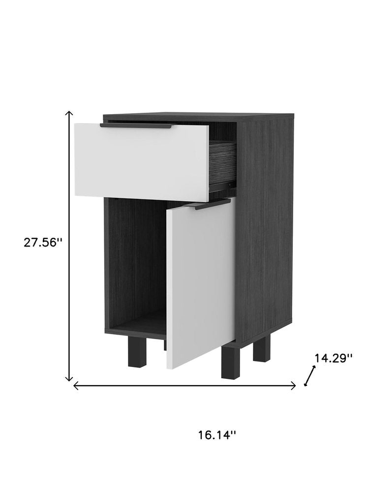 28" Dark Gray And White Wood One Drawer Nightstand