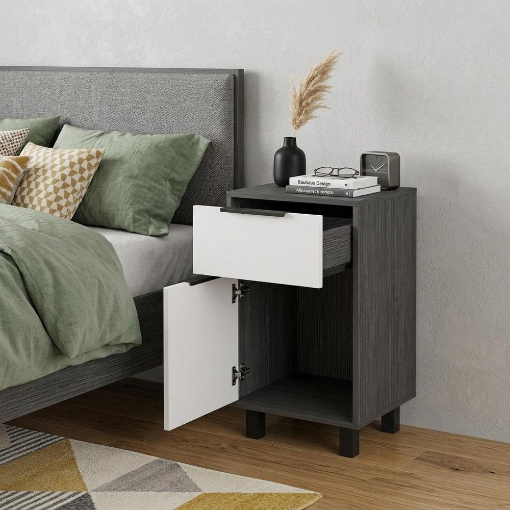 28" Dark Gray And White Wood One Drawer Nightstand