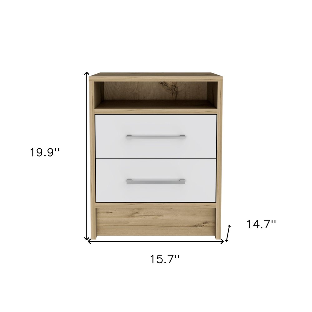 20" White And Natural Wood Two Drawer Nightstand