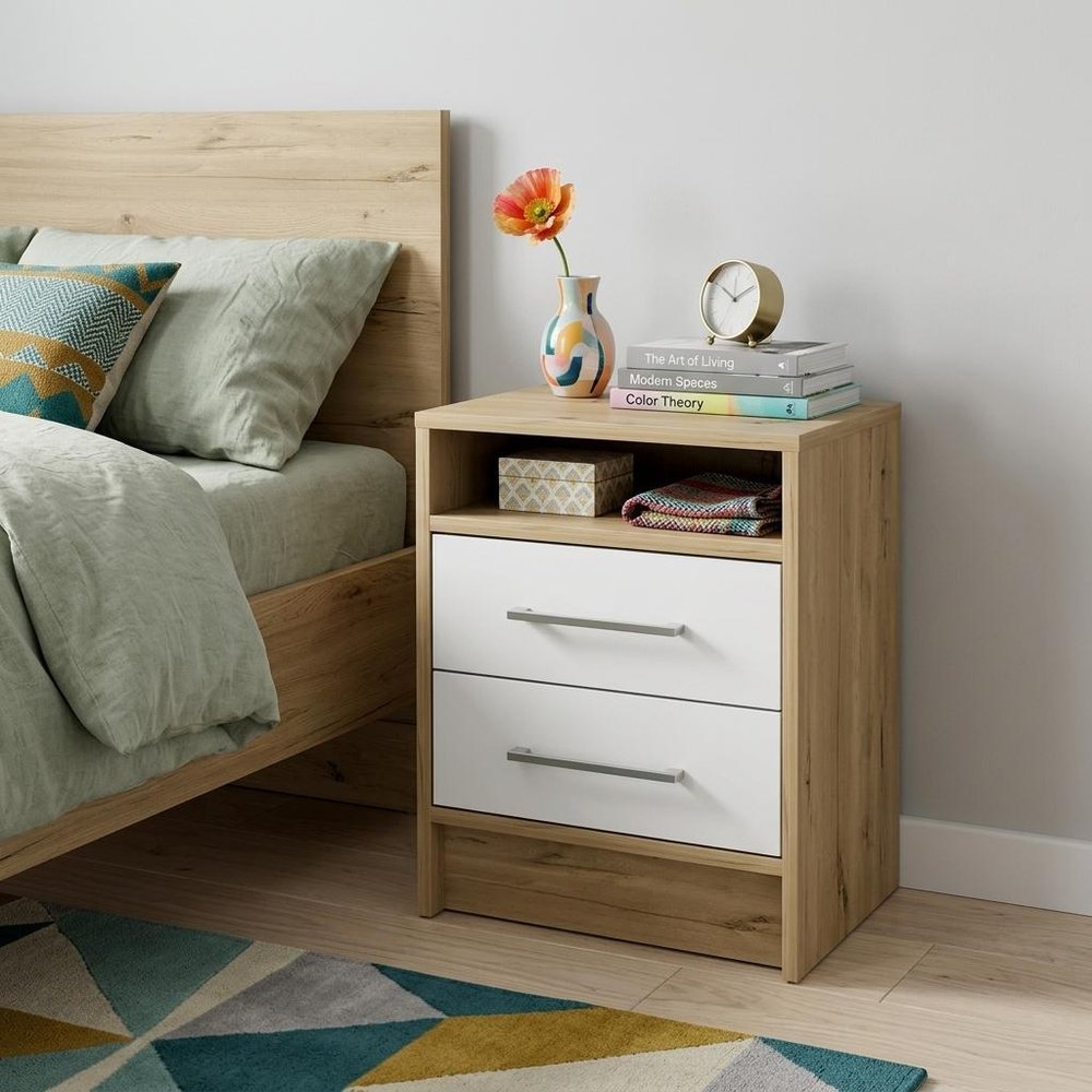20" White And Natural Wood Two Drawer Nightstand