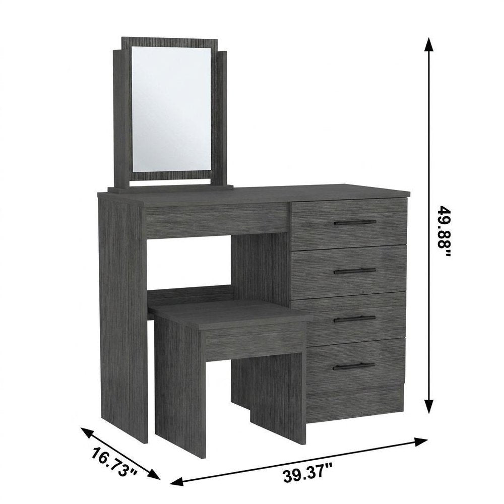 39" Gray Wood Mirrored Four Drawer Vanity Table