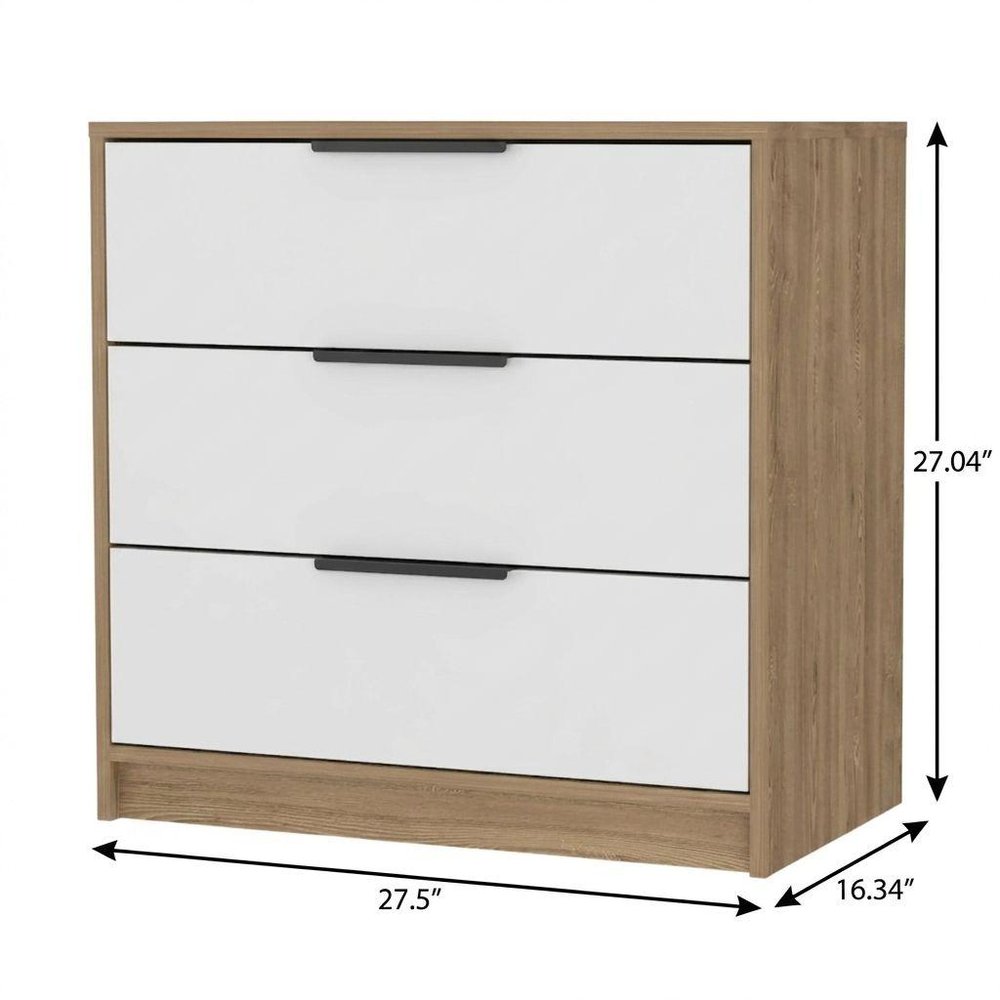 28" Oak And White Wood Three Drawer Dresser
