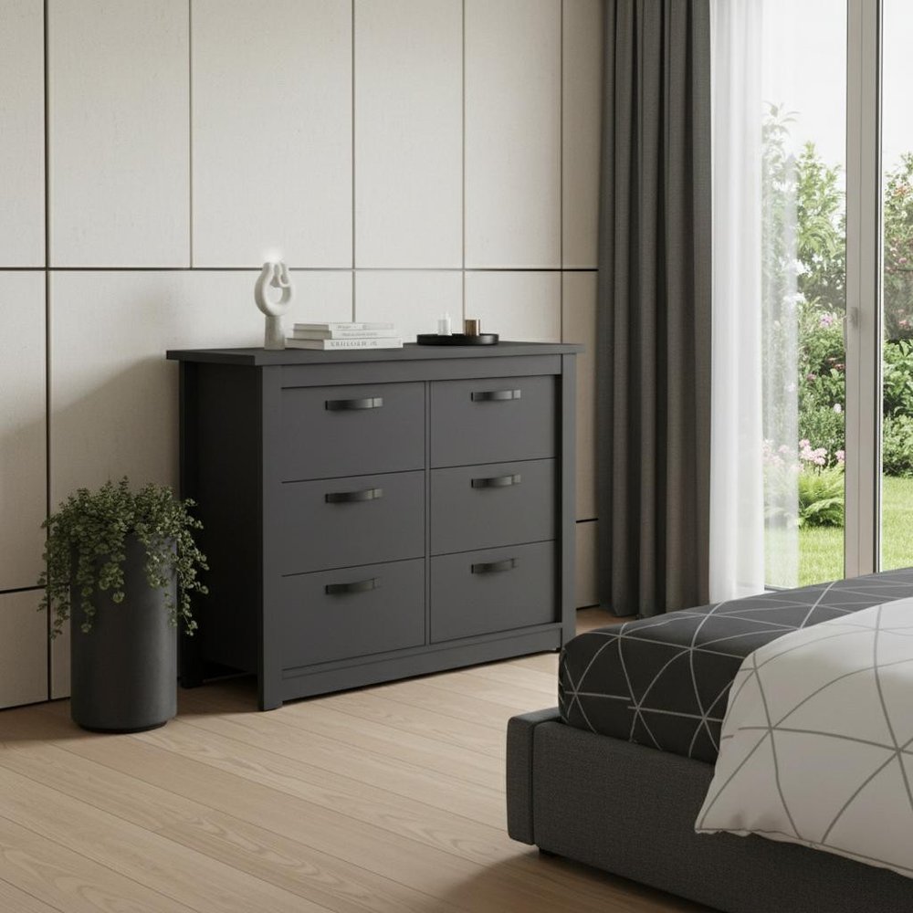 36" Black Wood Six Drawer Double Dresser