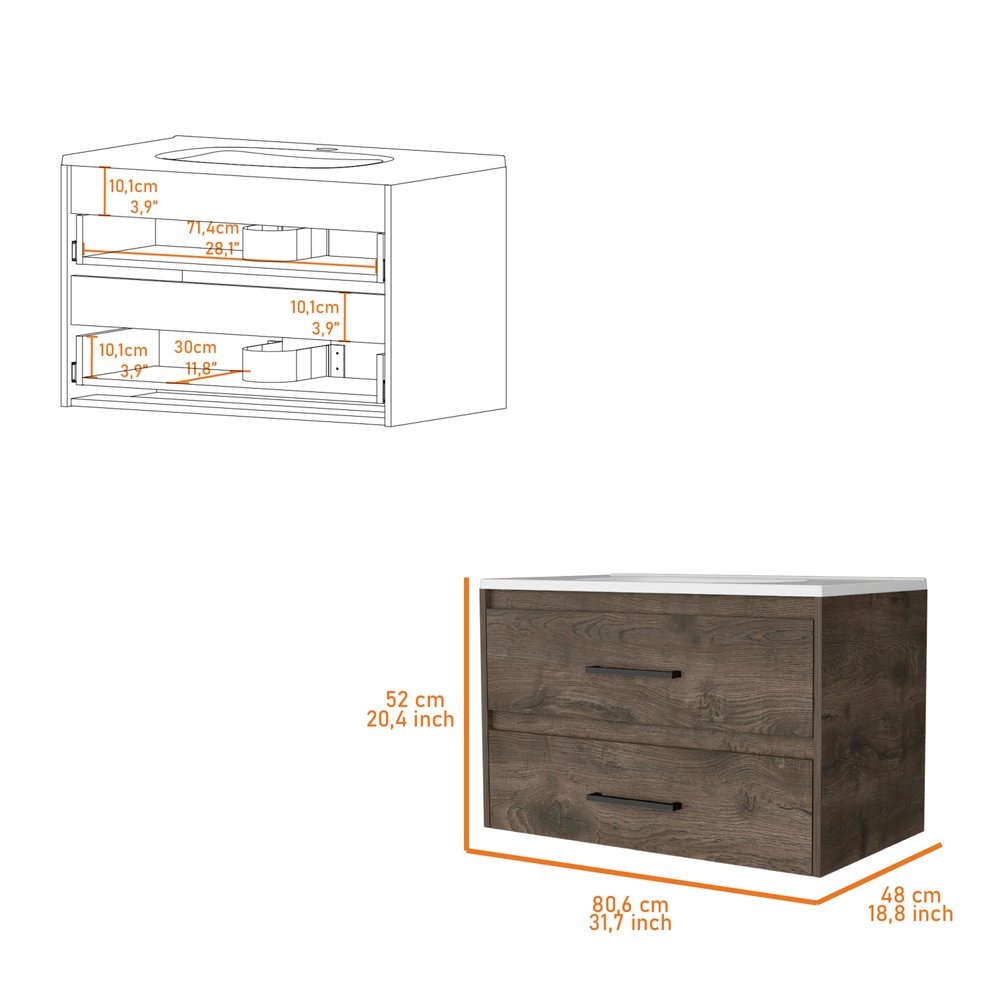 32" Dark Brown And White Wood Wall Mounted Bathroom Cabinet