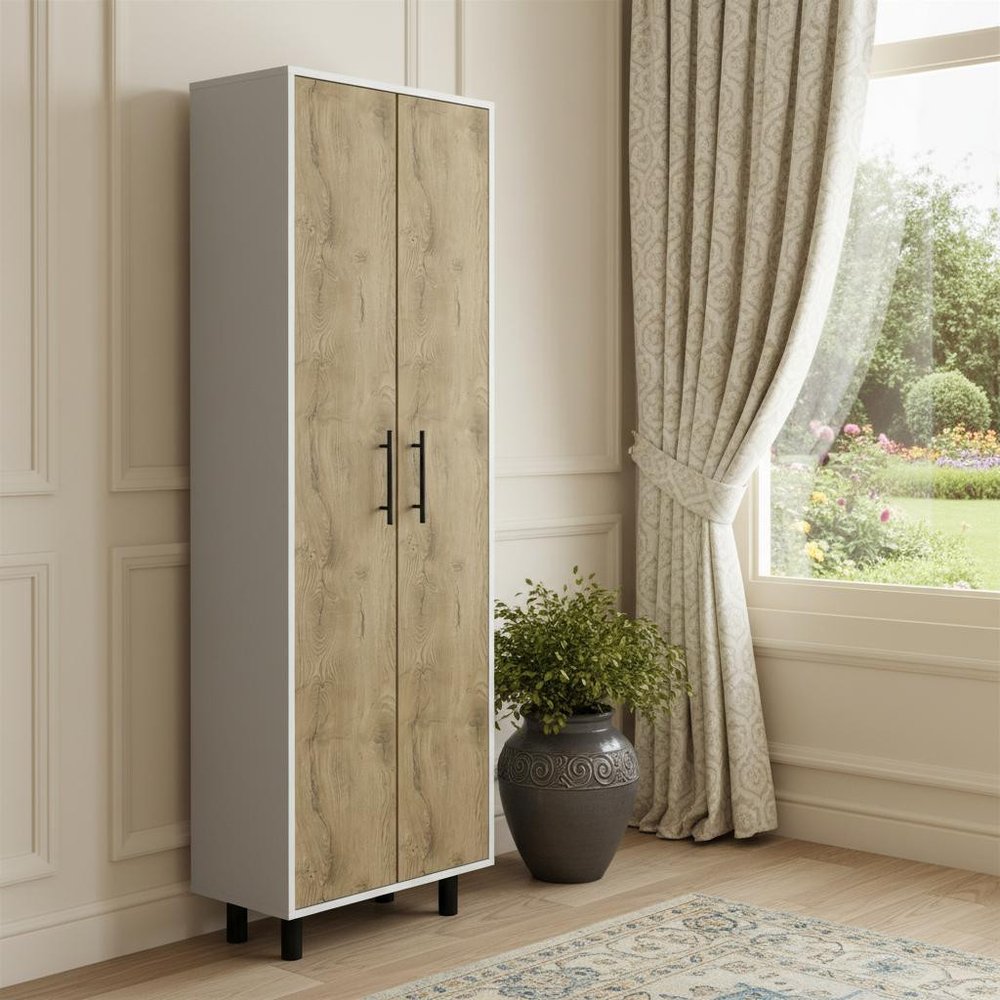 24" White and Light Brown Wood Accent Cabinet With Two Doors