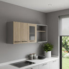 59" Gray and Natural Wood Wall Mounted Accent Cabinet With Three Doors