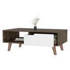 40" Brown And Brown and White Wood Coffee Table With Drawer And Shelf