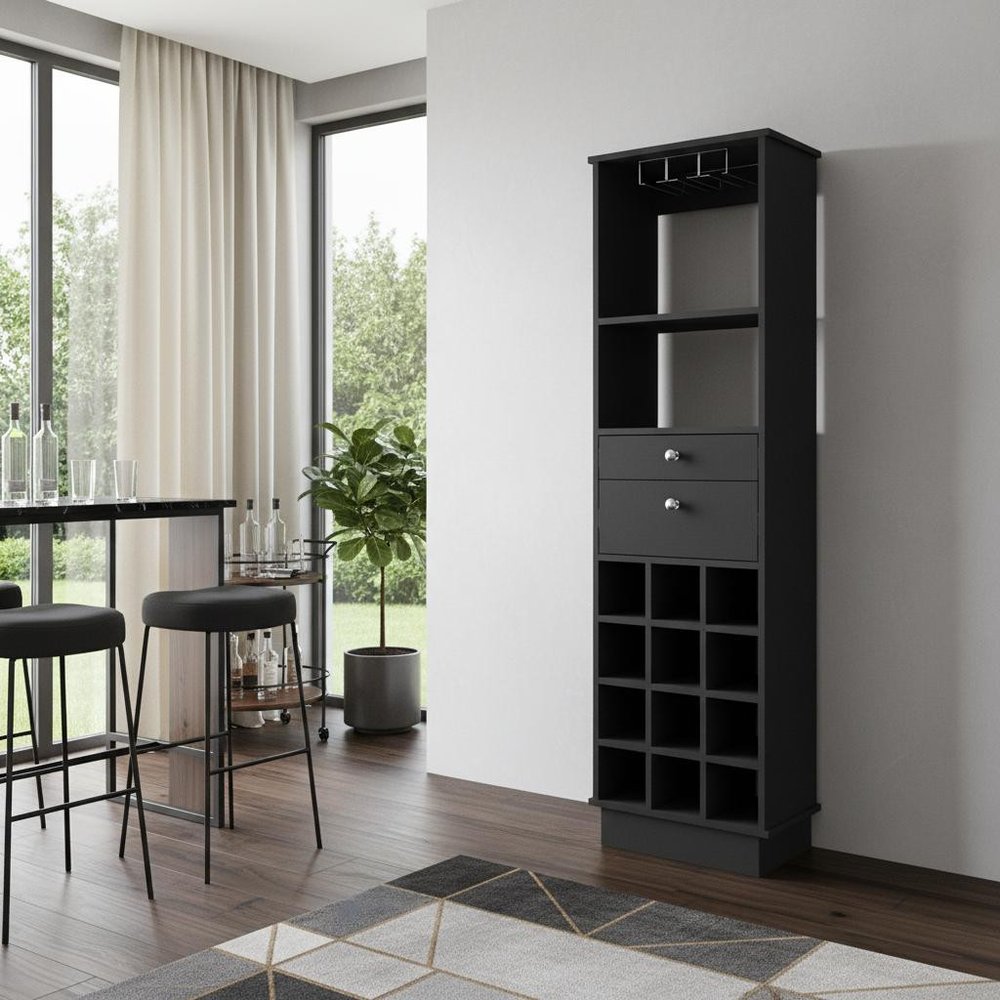 18" Black Wood Bar Cabinet With Two Drawers