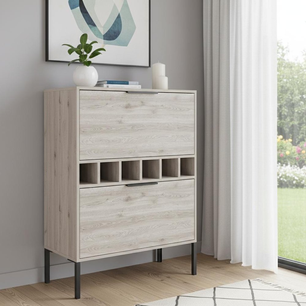 31" Light Gray and Black Wood and Steel Bar Cabinet With Two Doors