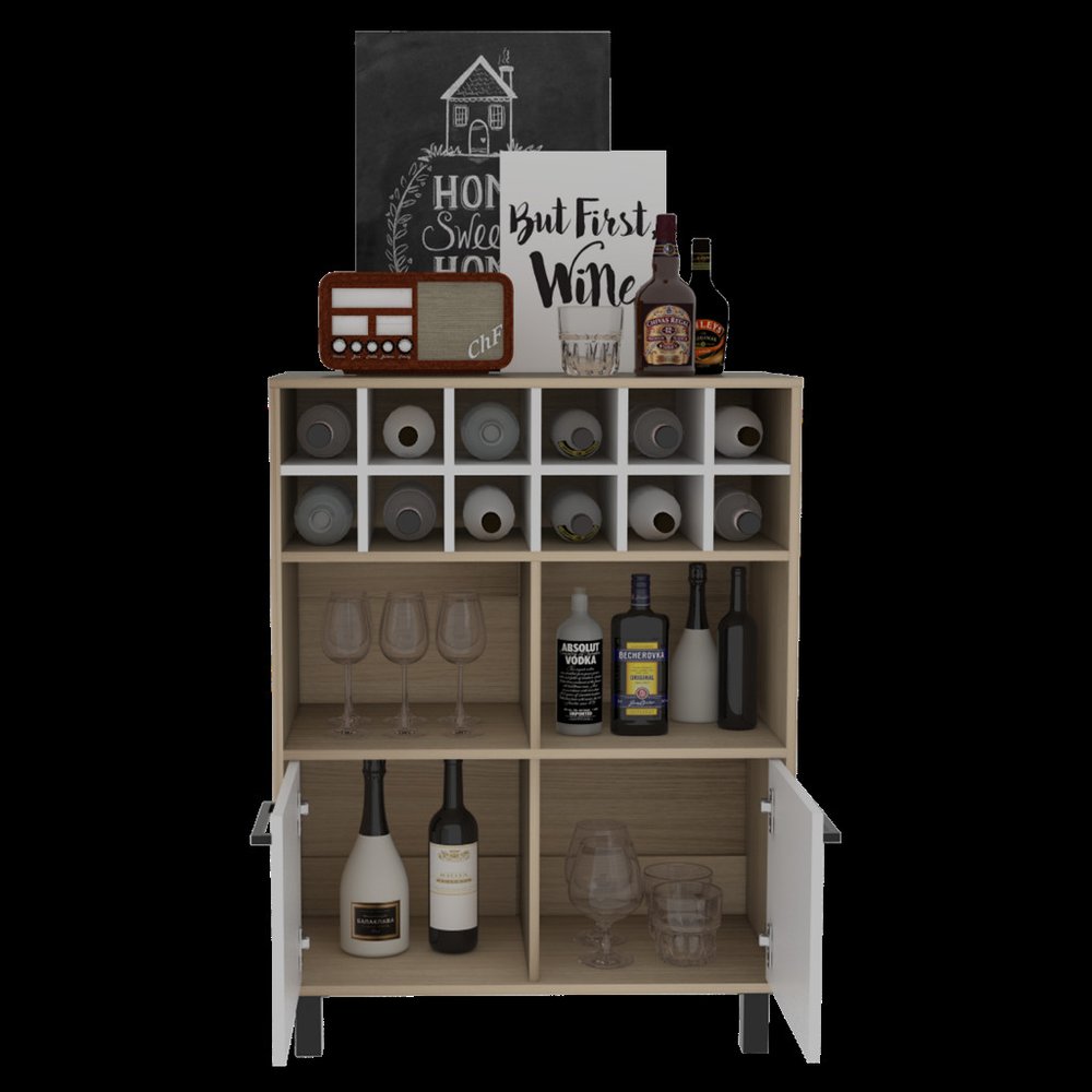31" Brown And White Wood Bar Cart With Wine Storage