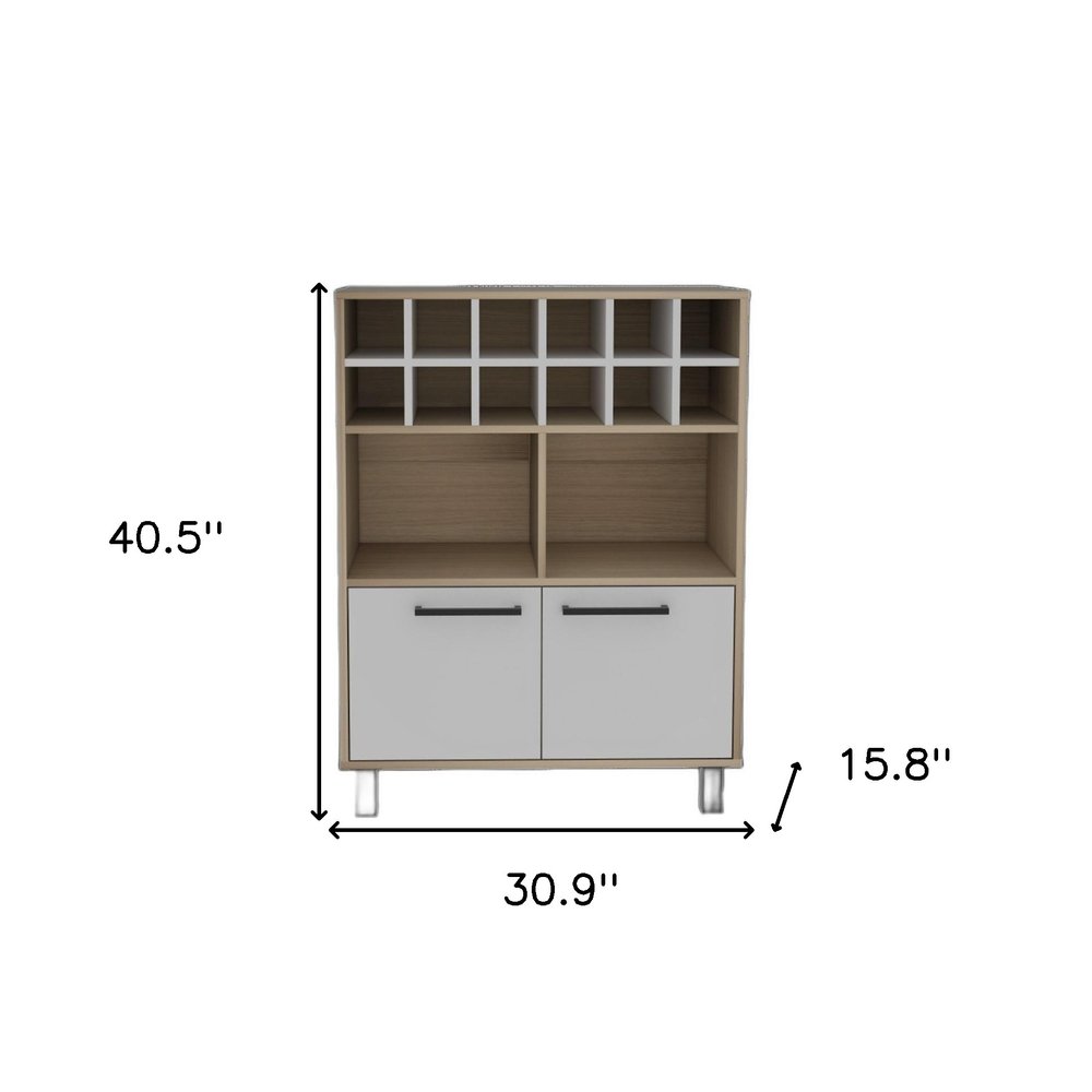 31" Brown And White Wood Bar Cart With Wine Storage