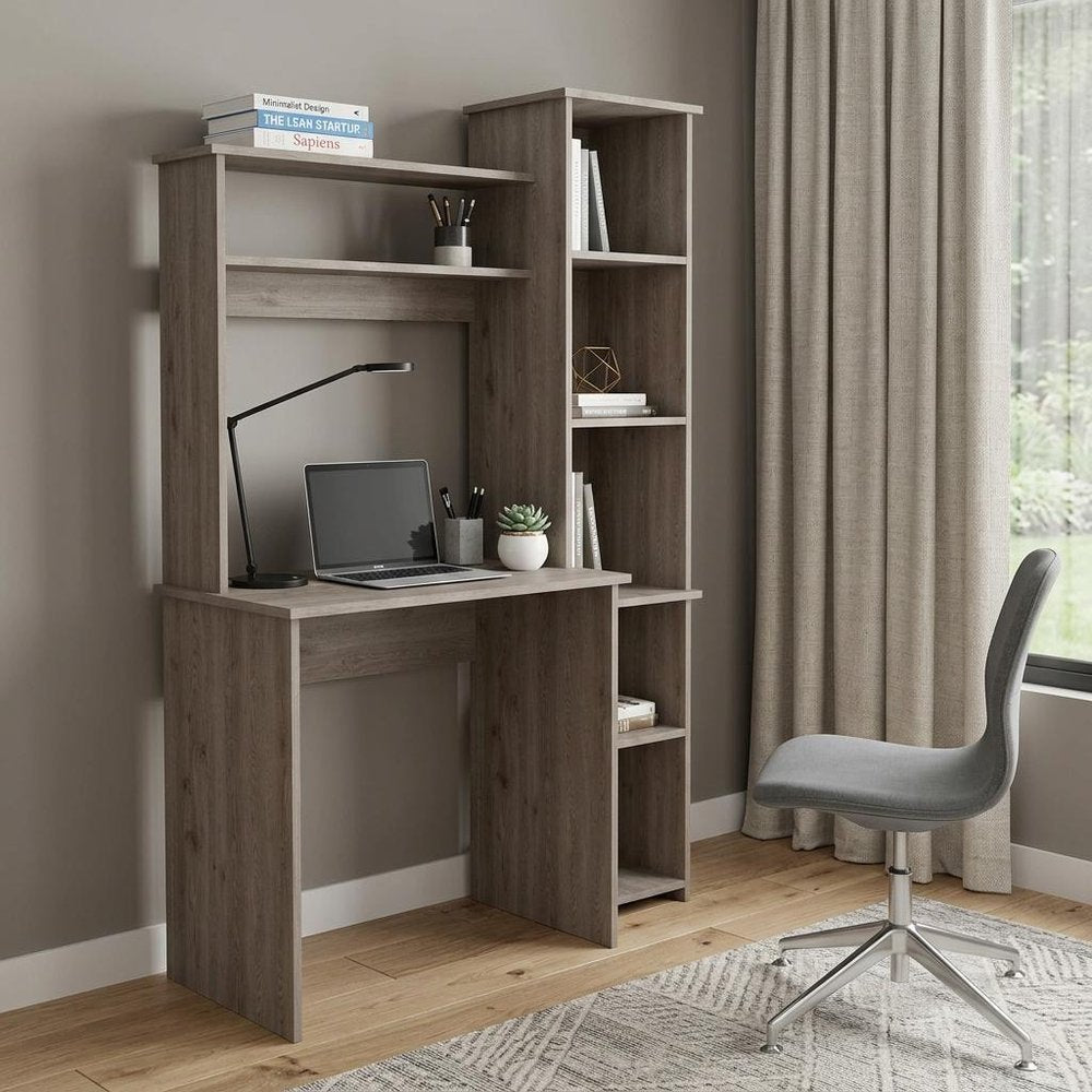 39" Charcoal Wood Pedestal Computer Desk With Hutch