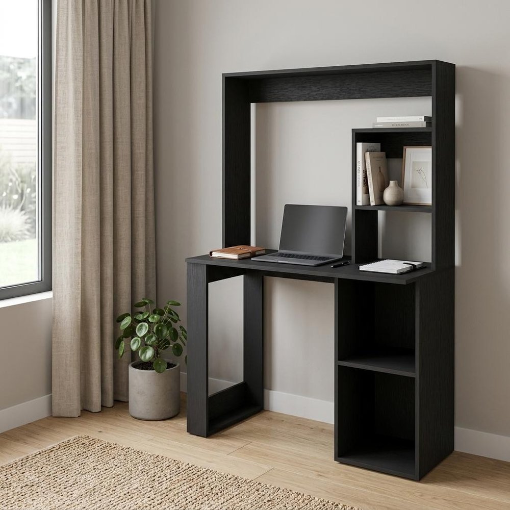 39" Black Wood Pedestal Computer Desk With Hutch