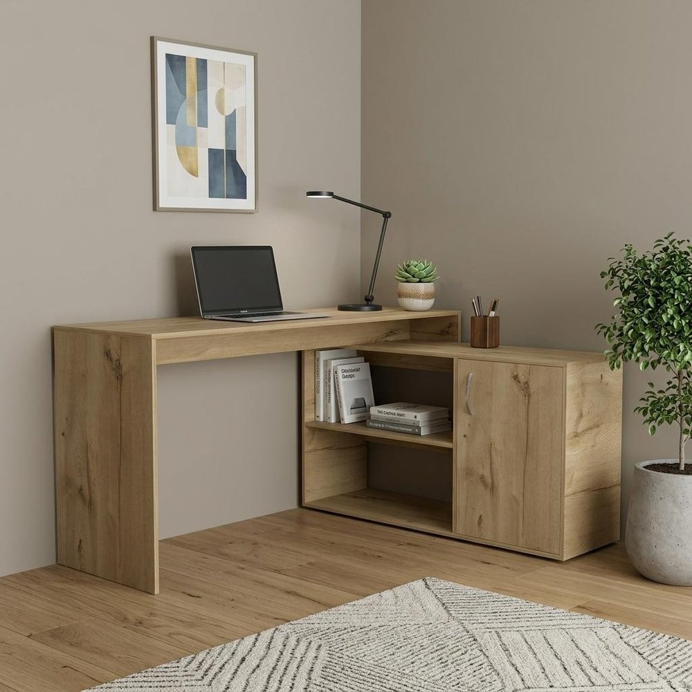 60" Light Gray Wood L Shape Pedestal Computer Desk