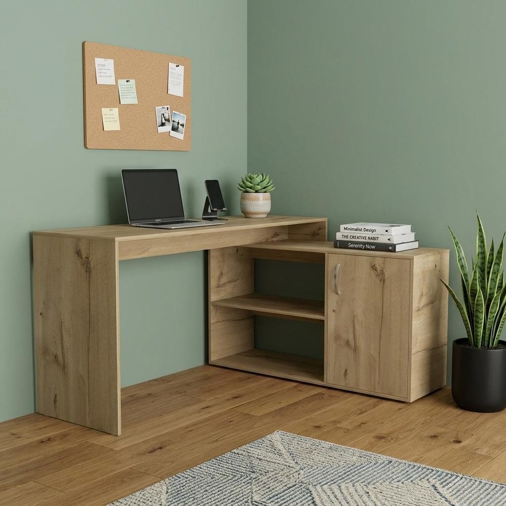 60" Light Gray Wood L Shape Pedestal Computer Desk