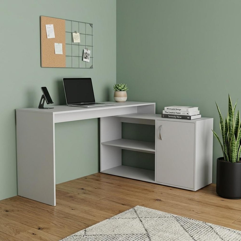 60" Light Gray Wood L Shape Pedestal Computer Desk