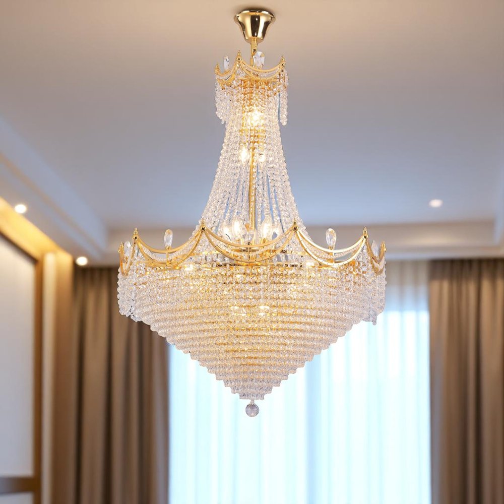 Clear And Gold Empire Multi Light and Metal Crystal Glass Dimmable Chandelier
