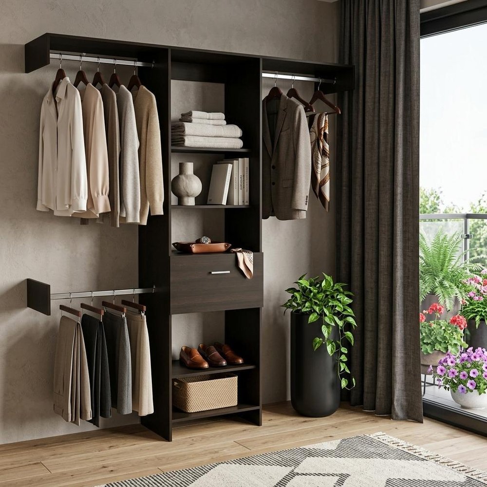 98" Black Multi-Tier Wood Single Drawer Closet System