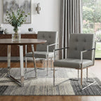 Set of Two Tufted Light Gray and Silver Metallic Upholstered Faux Leather Dining Arm Chairs