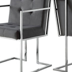 Set of Two Tufted Gray and Silver Metallic Upholstered Velvet Dining Arm Chairs